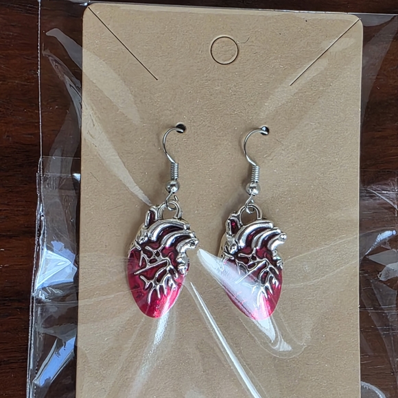 Silver and Red Anatomical Heart Earrings - Picture 5 of 6